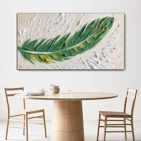 Handmade Oil Painting Original Feather Oil Painting on Canvas Large Textured Wall Art Living room Wall Decor Abstract Green Painting Custom Modern Home Decor