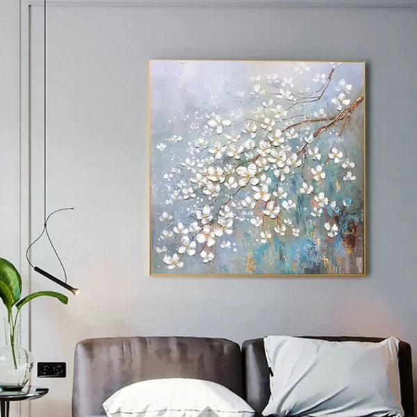 Large Original Hand-Painted White Flower Oil Painting On Canvas Floral Painting Boho Wall Art Modern Large Home Decor Living Room Wall Art